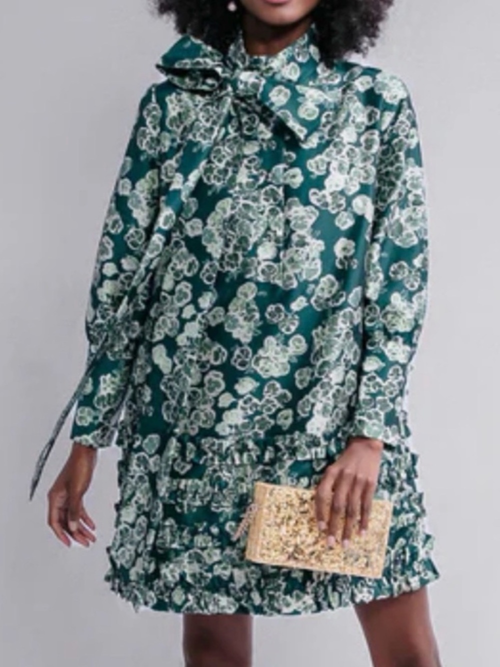 Tuckernuck Green and Cream Floral Tie-Neck Ruffled Coat